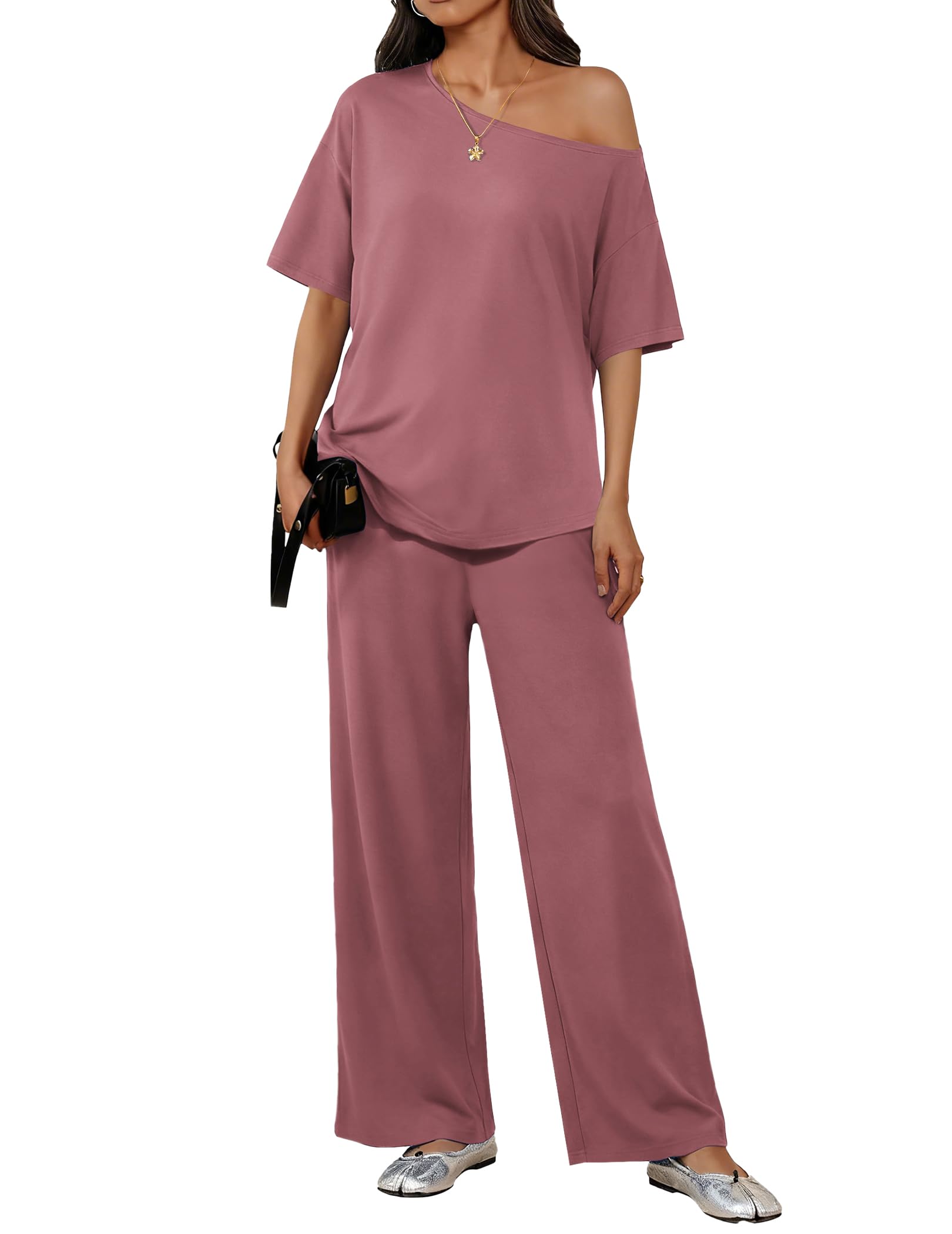 Ekouaer Lounge Sets for Women Off Shoulder Right Short Sleeve Tops and Long Pants 2 Piece Set Summer