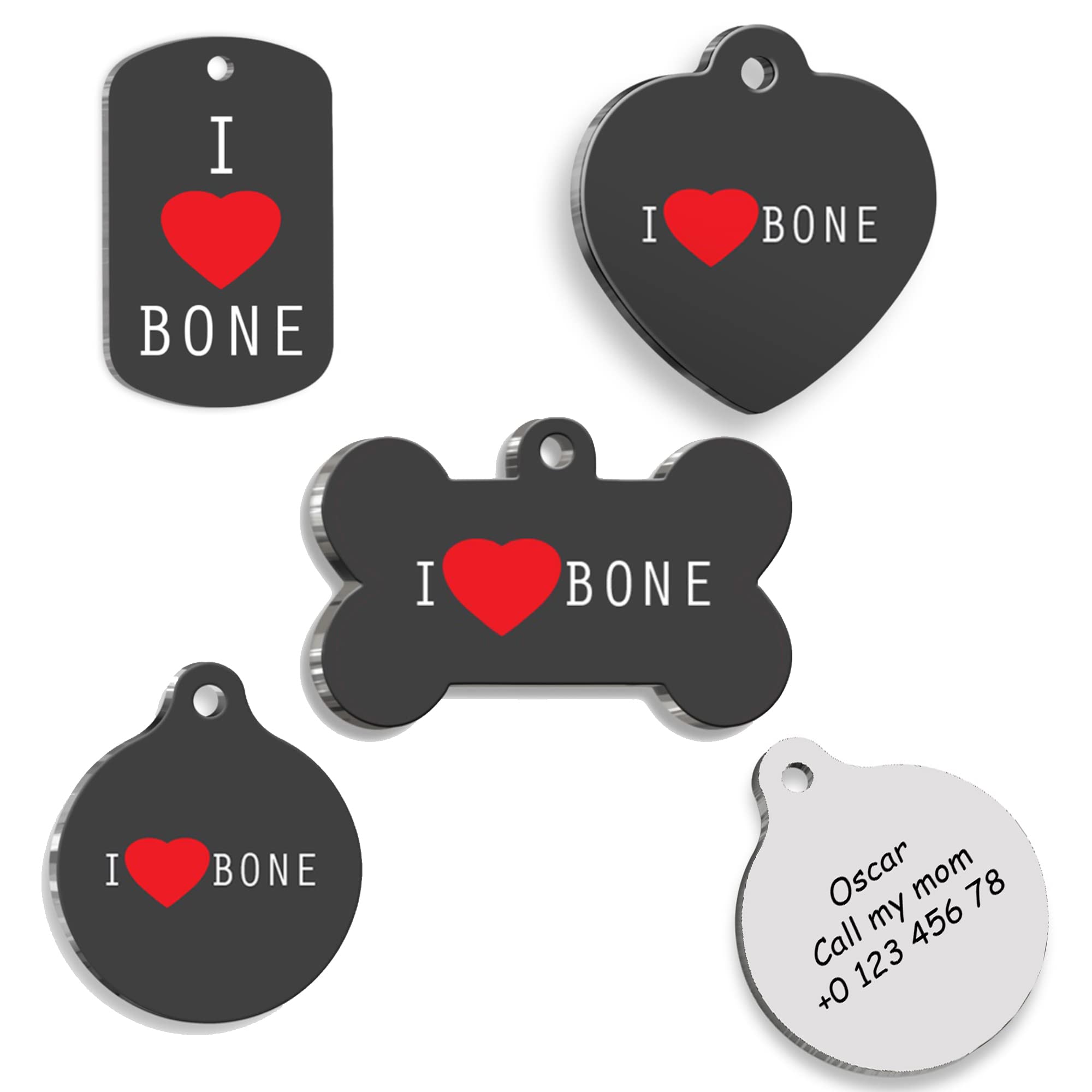 I LOVE BONE Personalized Dog Tag - Custom Name Tag - ID Tag for Dog & Cat - Customized Pet Tags - Dog Name Tag - Cat Name Tag - Engraved Dog Tag (Circle)