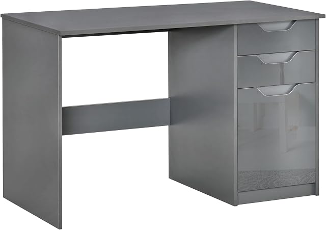 HOMCOM High Gloss Computer Desk with Drawers, Modern Writing Workstation with Storage Cabinet, PC Study Table for Home, Office, Study, Grey