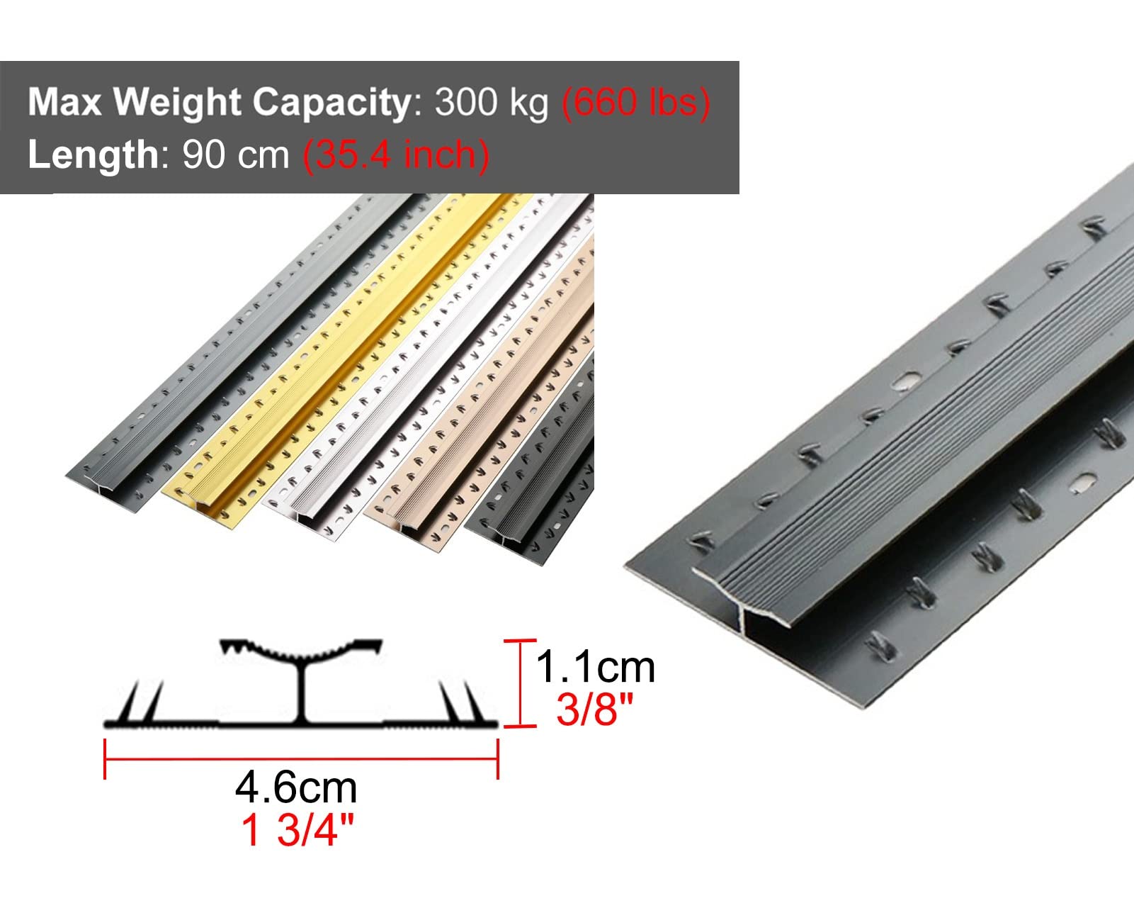 Aluminiowa listwa przejściowa do dywanów o długości 90 cm — trwała antypoślizgowa listwa krawędziowa zapewniająca płynne przejścia między podłogami wewnątrz i na zewnątrz