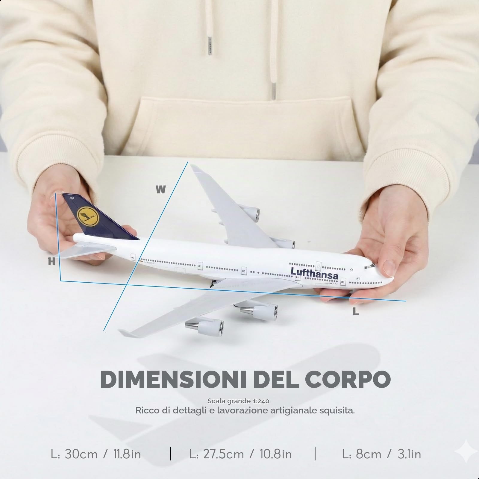 1/240 Modello 747 per Lufthansa in resina con supporto | Modello di aeroplano in resina 30cm collezione aeronautica adulto decorazione ufficio o regalo per tutte le occasioni