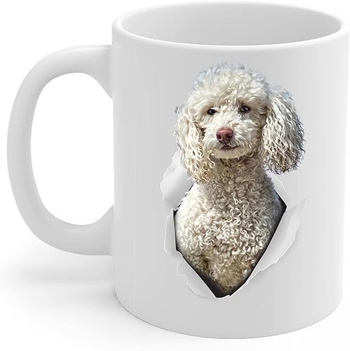 Divertidos regalos de caniche en miniatura blanco para mamá y papá con miradas de perro a través de taza de café, color blanco, 11 onzas
