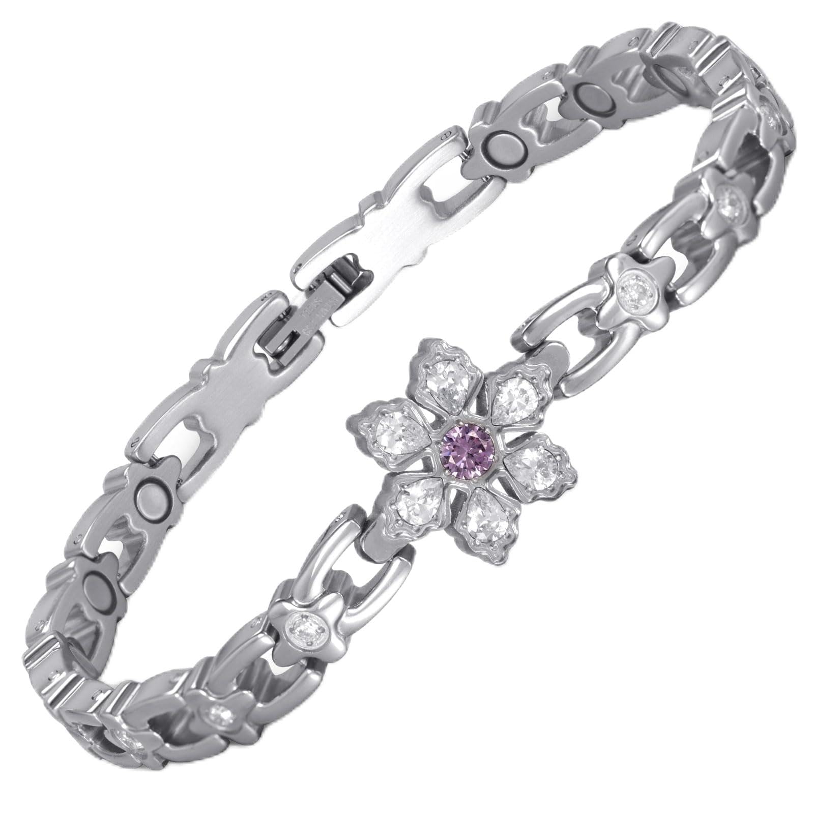 RainSo Bracelet magnétique pour femme - En acier inoxydable - Motif flocon de neige - Orné de pierres précieuses et cristaux violets - Taille réglable - Avec boîte cadeau