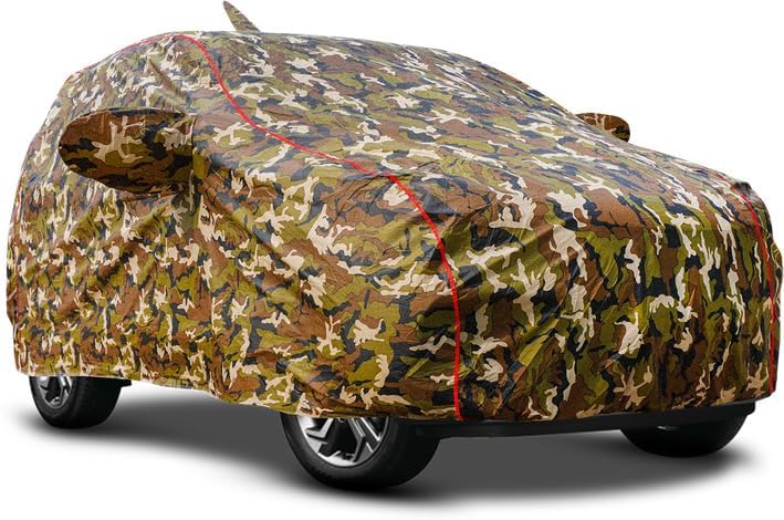 Image of Waterproof Car Cover for Maruti Wagon-R 2011-2017 Ultimate Protection-Mirror & Antenna, Soft Cotton Lining Inside, Triple Stitched,Full Bottom Elastic (Army Green with Red Piping)