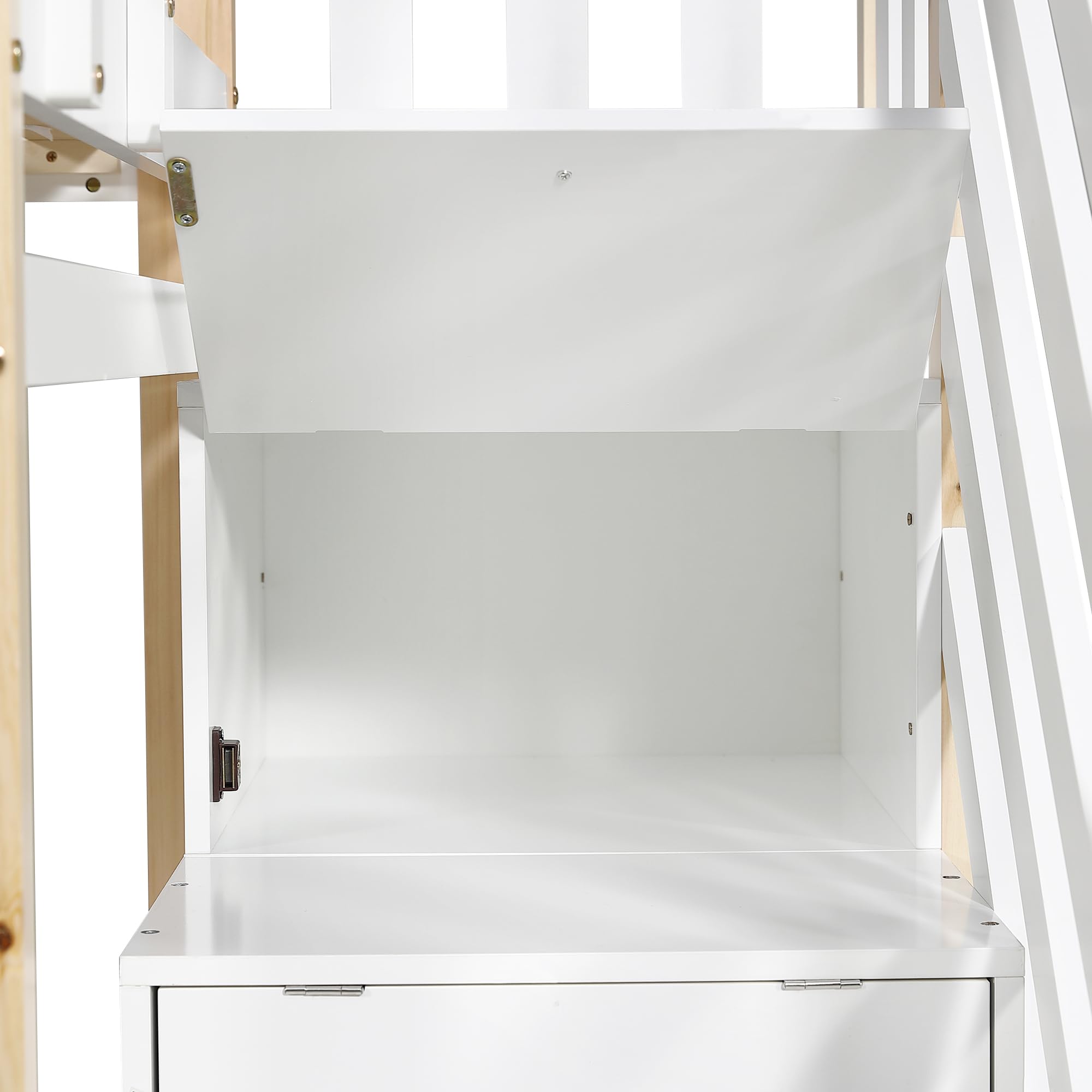 Moimhear litera con casa del árbol extensible, cama corrediza, escalera con 4 cajones, cama infantil con protección contra caídas y reja de cama infantil, con somier, Natural+Blanco (90x200cm