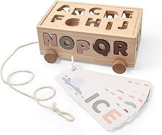 Alphabet Learning Toy for Toddler 1 2 3 Years Montessori Educational Toys Wooden Shape Sorting Car Toys with Alphabet Puzzles Toy Preschool Cards Learning Activities Unique Gift for Baby Boy Baby Girl