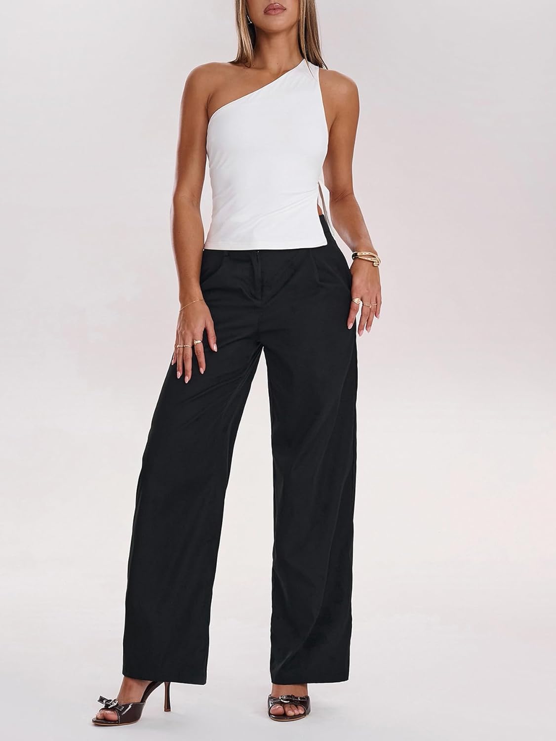 SHENHE Women's One Shoulder Tank Top Slit Side Tie Sleeveless Metal Decor Sexy Cropped Party Tops - Image 5