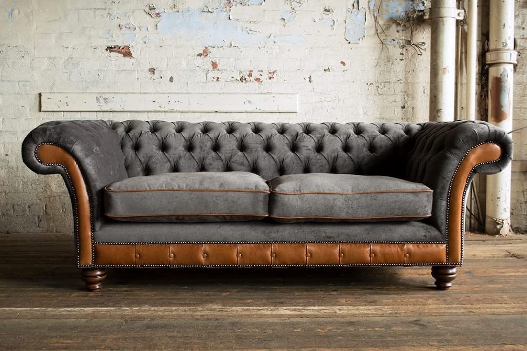 ANTIQUE WOOD ART Modern & Classic 3-Person Sofa Luxury Chesterfield Sofa Leatherette For Home, Living Room & Dining Room Office And Hallway=(Light Grey).-image-42
