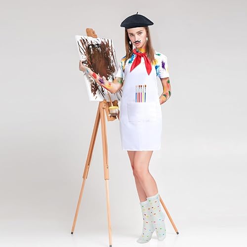 Miniatura 6 de Kyson Disfraz de artista para adultos, 8 piezas, pintor, Halloween, vestido con boina, delantal, paleta, pinceles, aretes, bandana y barba