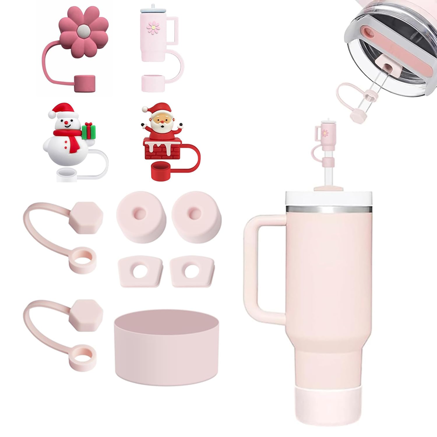 7WUNDERBAR Set accessori Stanley Cup 11 pezzi, contiene 8 pezzi tappi in silicone a prova di perdite, 2 pezzi copertura in paglia, 1 pezzo coperture protettive in silicone (quarzo rosa)