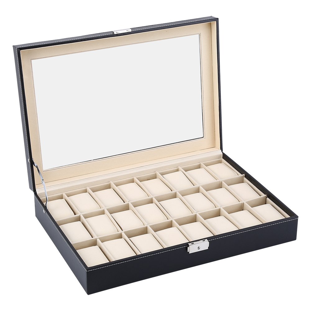 Ejoyous Caja de reloj para 24 relojes, caja de almacenamiento de relojes con tapa de cristal, caja de visualización con piel sintética y cojín de reloj de terciopelo para collar de pulsera