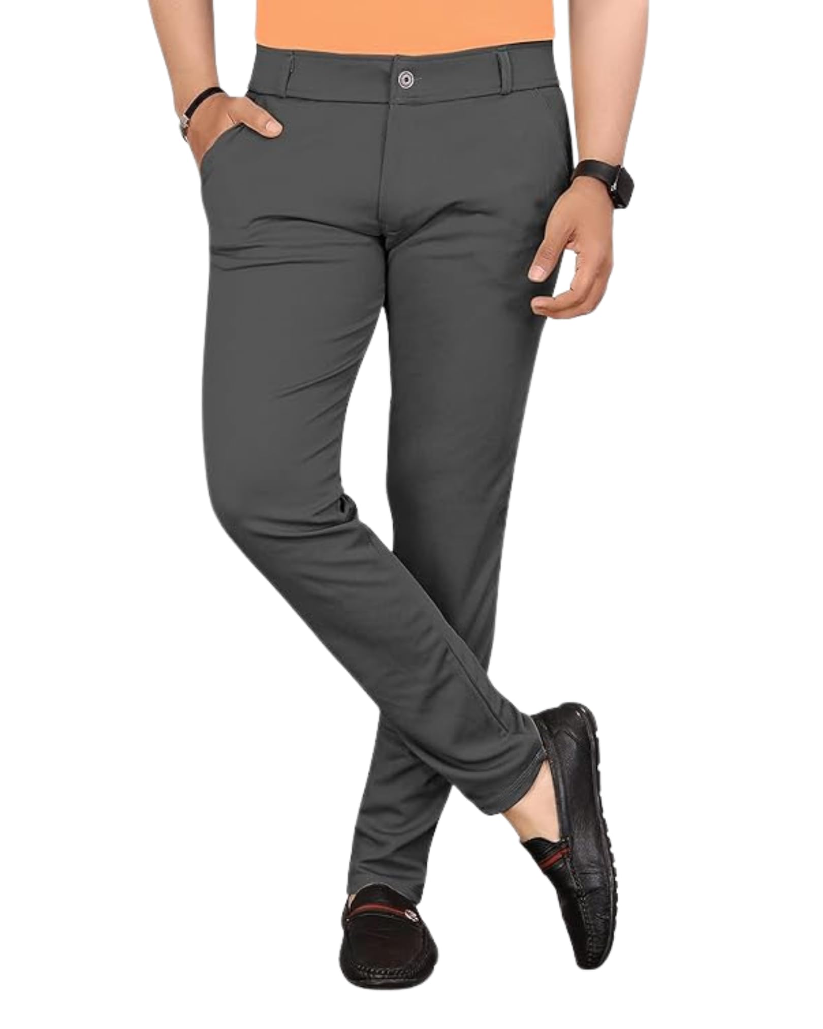 ModernEase Lycra Slim Fit Trousers for Men, Grey, Stretchable, Business Casual-image-9