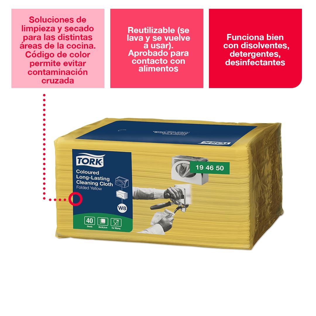 Tork 194650 Panno per pulizia colorato a lunga durata giallo Premium, compatibile con il sistema W8 (dispenser per panni piccolo), monovelo, 8 conf. x 40 panni (320 pz)