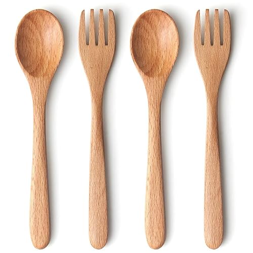 YFWOOD Kinderbesteck aus Holz, Kinderbesteck für Kleinkinder, Besteck, Holz, 4-teiliges Set, 2 Gabeln, 2 Esslöffel, 100 % natürliches Material Cover