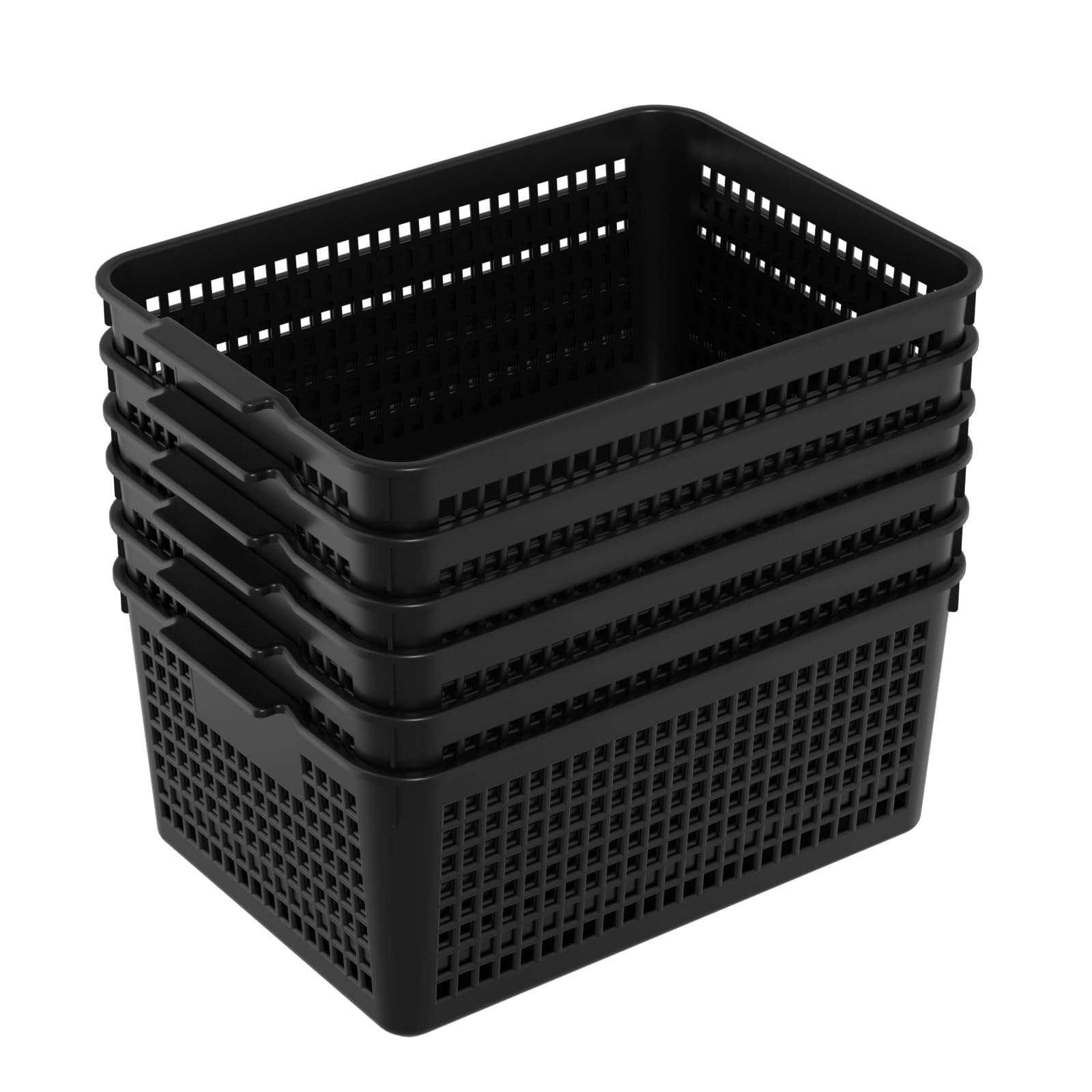 Qshape 6-Pack A4 Plastic Storage Basket, Large Storage Baskets, Black