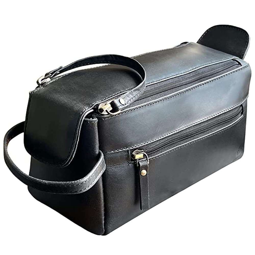 Neceser de cuero para hombre, organizador de higiene, kit de viaje Rustic Town, negro, Medium, Neceser de viaje de cuero para hombre