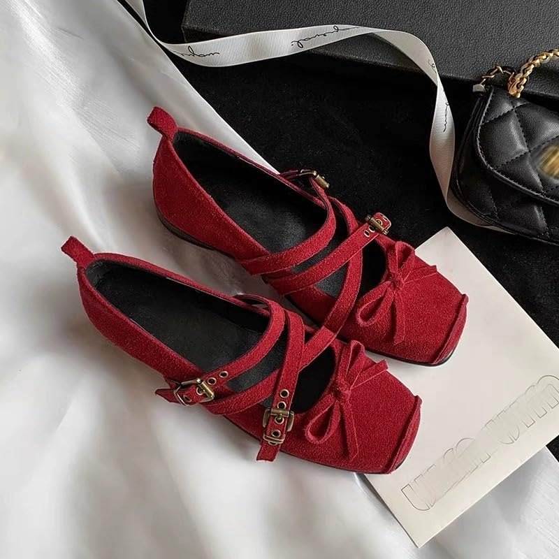 Women's Vintage Mary Jane Flats Square Toe Ballet Pumps with Bow Low Heel Comfortable Slip On Shoes for Daily Office Wear4