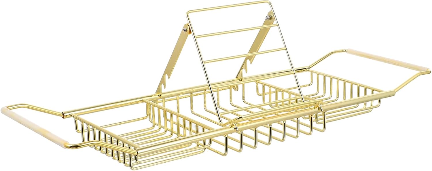 Retractable Bathtub Rack with Book Holder Bath Shelf for Wine Tablets and Phones Nonslip Design Elegant Golden Finish