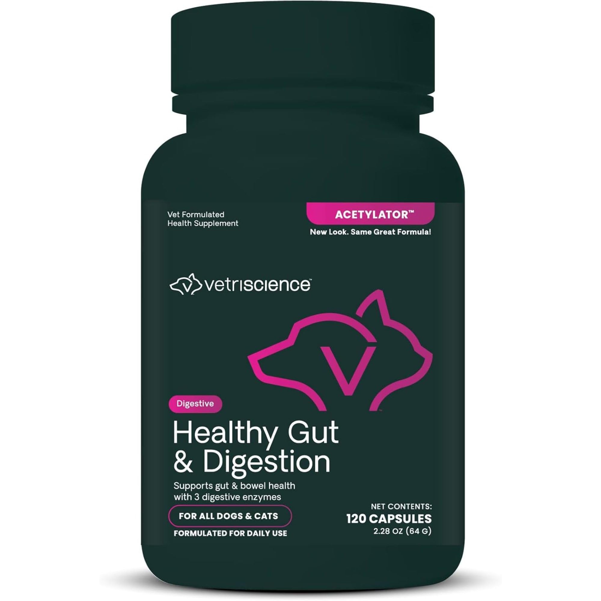 VetriScience Healthy Gut & Digestion Easy-Open Capsules, Acetylator Digestive Enzyme Supplement for Dogs and Cats, Soothe Gut and Bowel Discomfort,