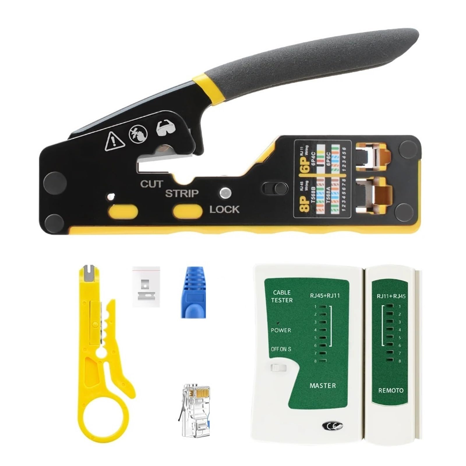 Cat6 RJ45 RJ12 Kit di strumenti di crimpatura 8P6P Pass Through Crimper Tester for cavi di rete Spellafili Cat6 50 pezzi Connettori e stivali | Cat6 RJ45 RJ12 Crimping Tool Kit 8P6P Pass Through Crimper Network Cable Tester Wire Stripper Cat6 5