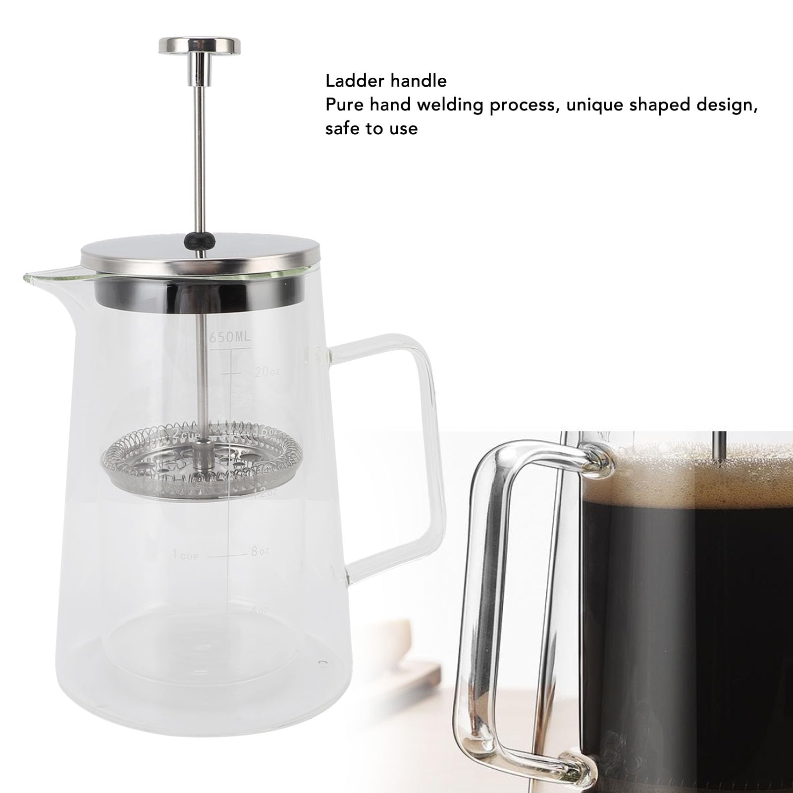 Ekspres do kawy French Press Szkło borokrzemianowe z podwójną ścianką 650 ml Odporny na wysokie temperatury zaparzacz do kawy z wylewką w kształcie litery V i uchwytem drabinkowym