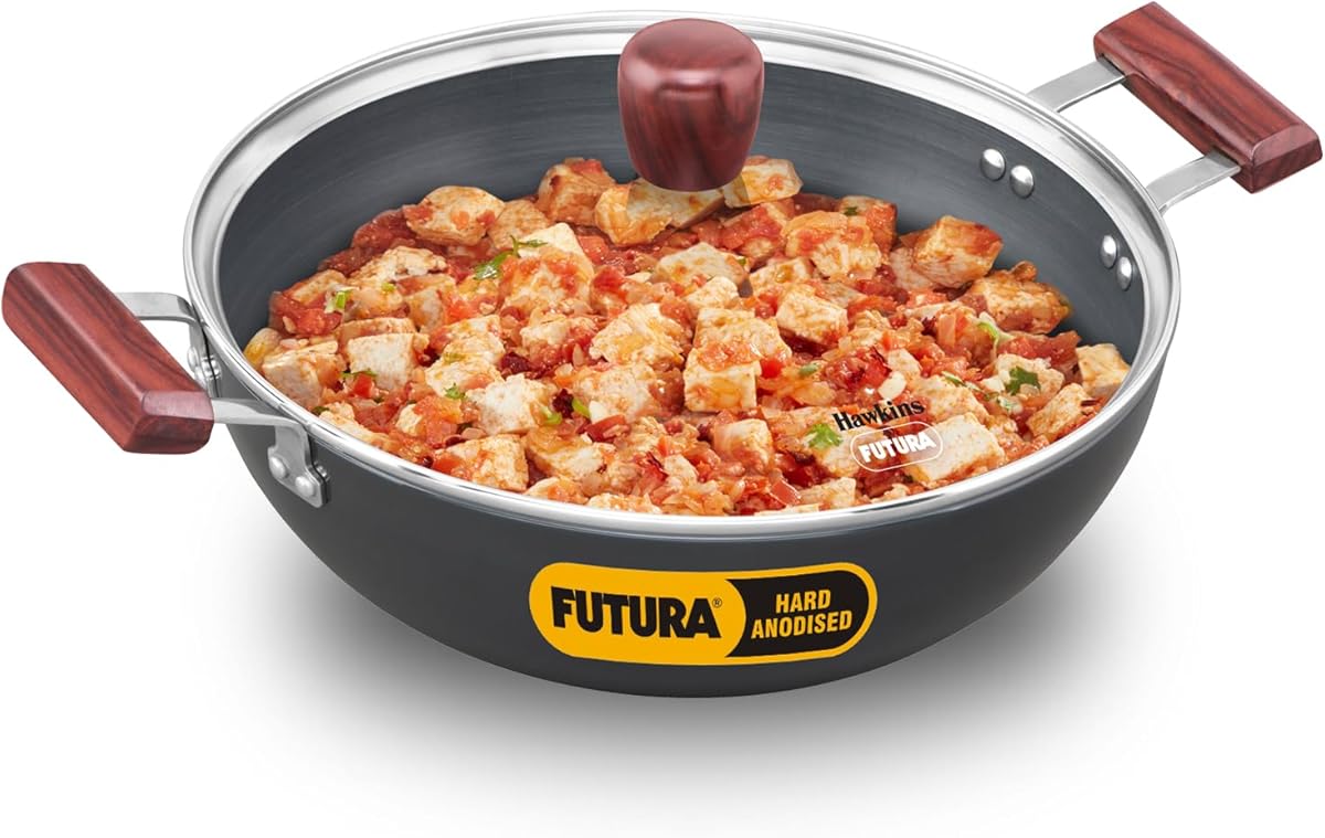 Hawkins Futura 5 Litre Deep Fry Pan, Induction Kadhai, Hard Anodised Kadai with Glass Lid, Black (IAK50G)