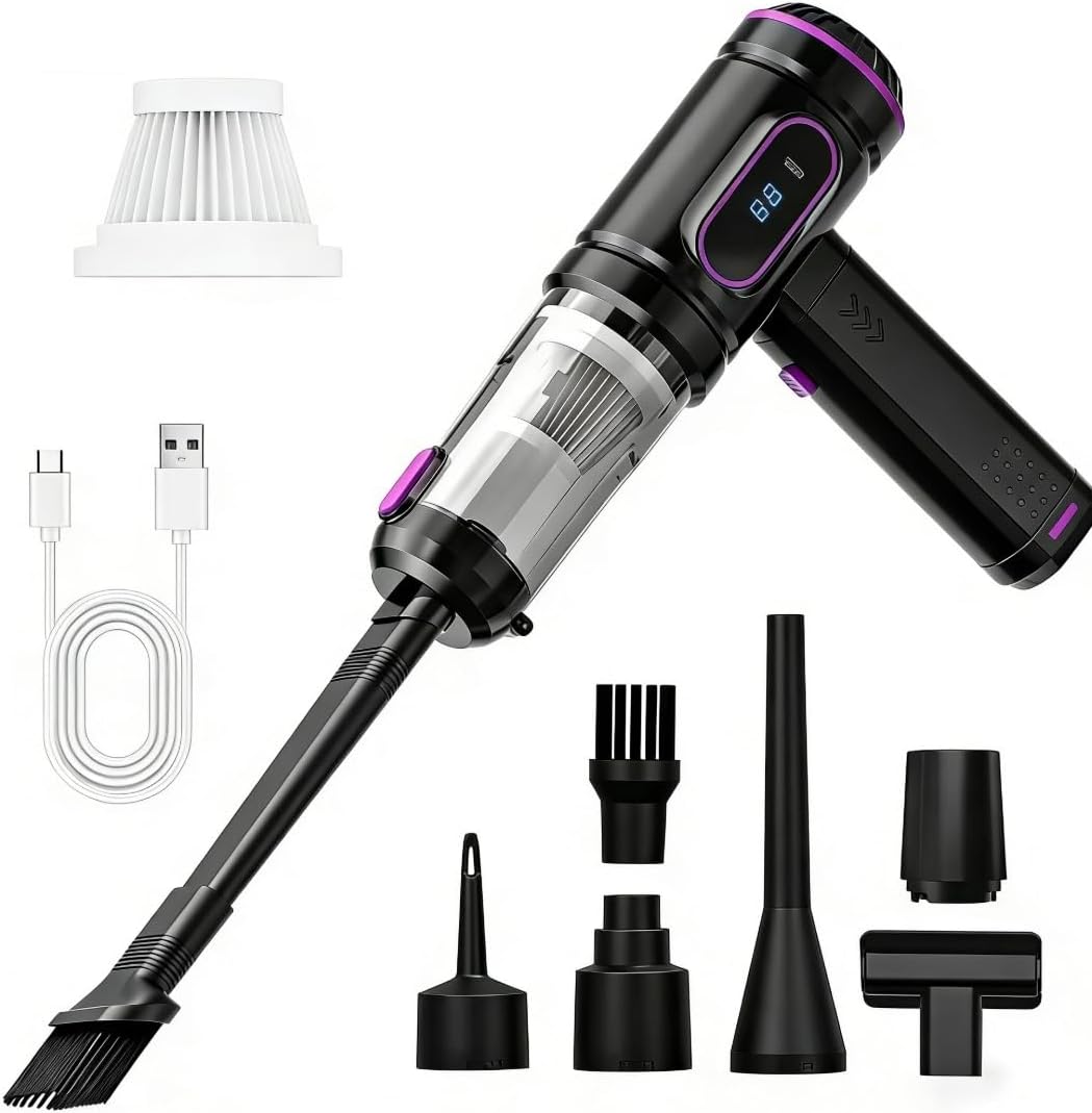 Compressed Air Duster- Duster & Mini Blower, Electric Duster,Rechargeable 120000RPM Compressed Air Duster for PC,Car Detailing, Keyboard, Home, Replacement with 6 Nozzles and Cleaning Net (Black)