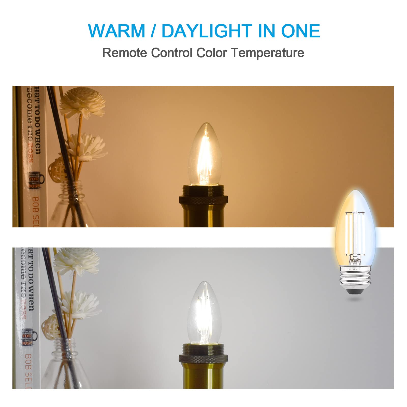 AIELIT Remote Control Smart Candelabra LED Light Bulbs- E26 Candle Base- Dimmable 4W(40W Equivalent)- Adjustable Color Temperature (2700K- 5000K)- No App or Wi-Fi Required- Remote Included- 8 Pack