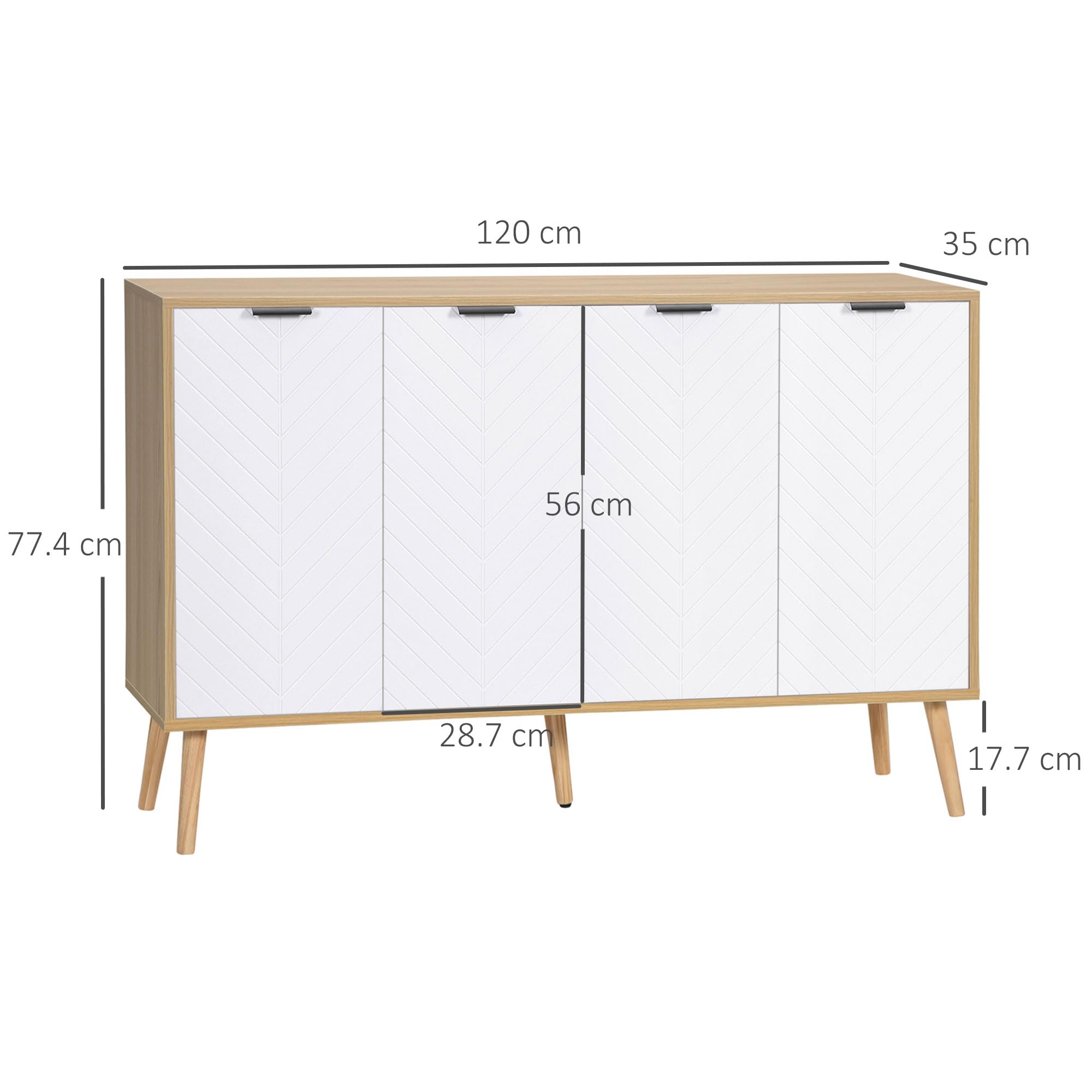 HOMCOM Credenza Cucina, Mobile Cucina con Ripiani Regolabili e Gambe in Legno di Pino, Credenza Buffet Moderno per Soggiorno, Salotto, Sala da Pranzo, 120x35x77.4cm, Naturale e Bianco