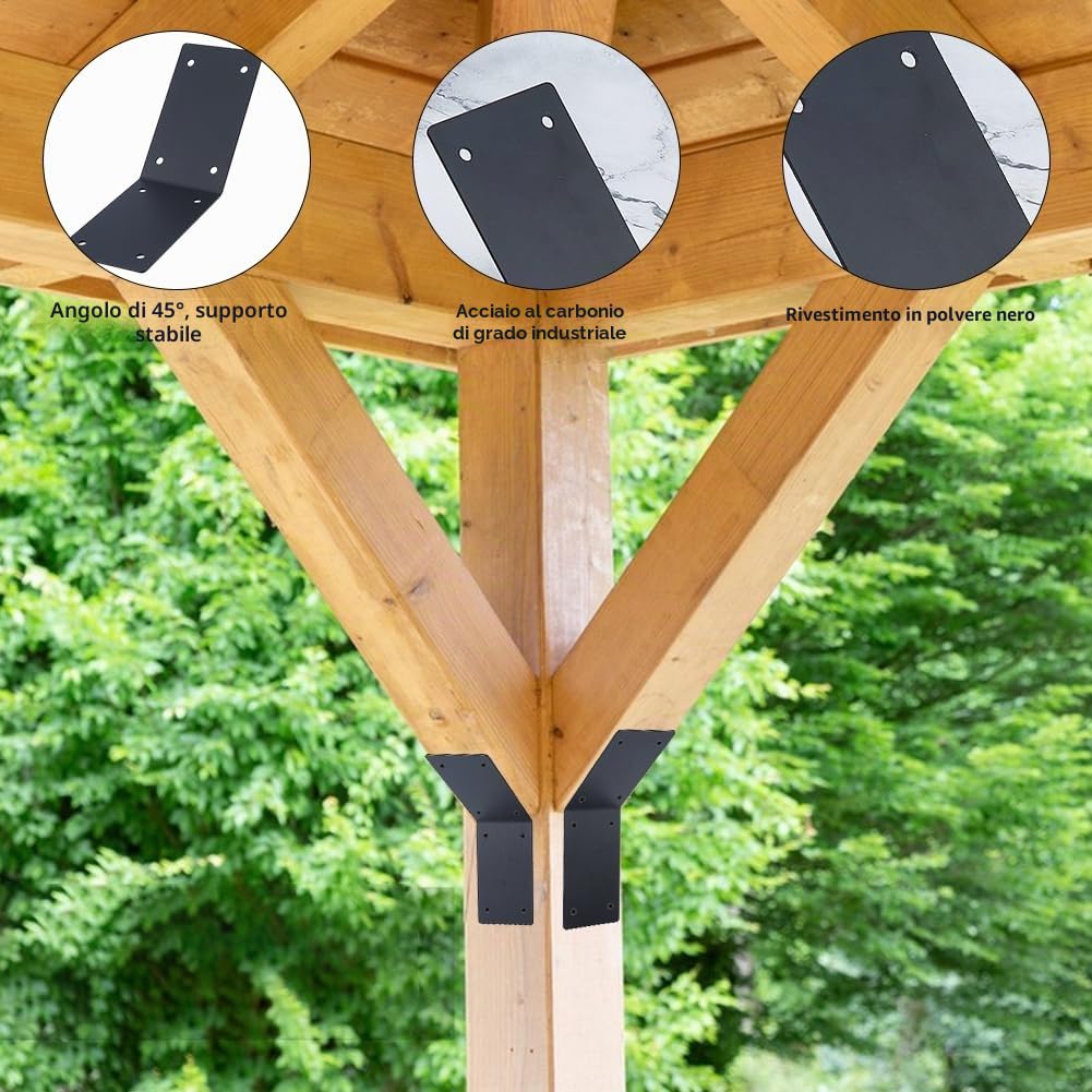 SUPERFINDINGS 6 staffe angolari a filo interno a 45 gradi, 23,6 x 7,6 cm, in ferro, 8 fori, con 48 viti, ginocchiere ad angolo nero per il fissaggio di mobili in legno per pergola