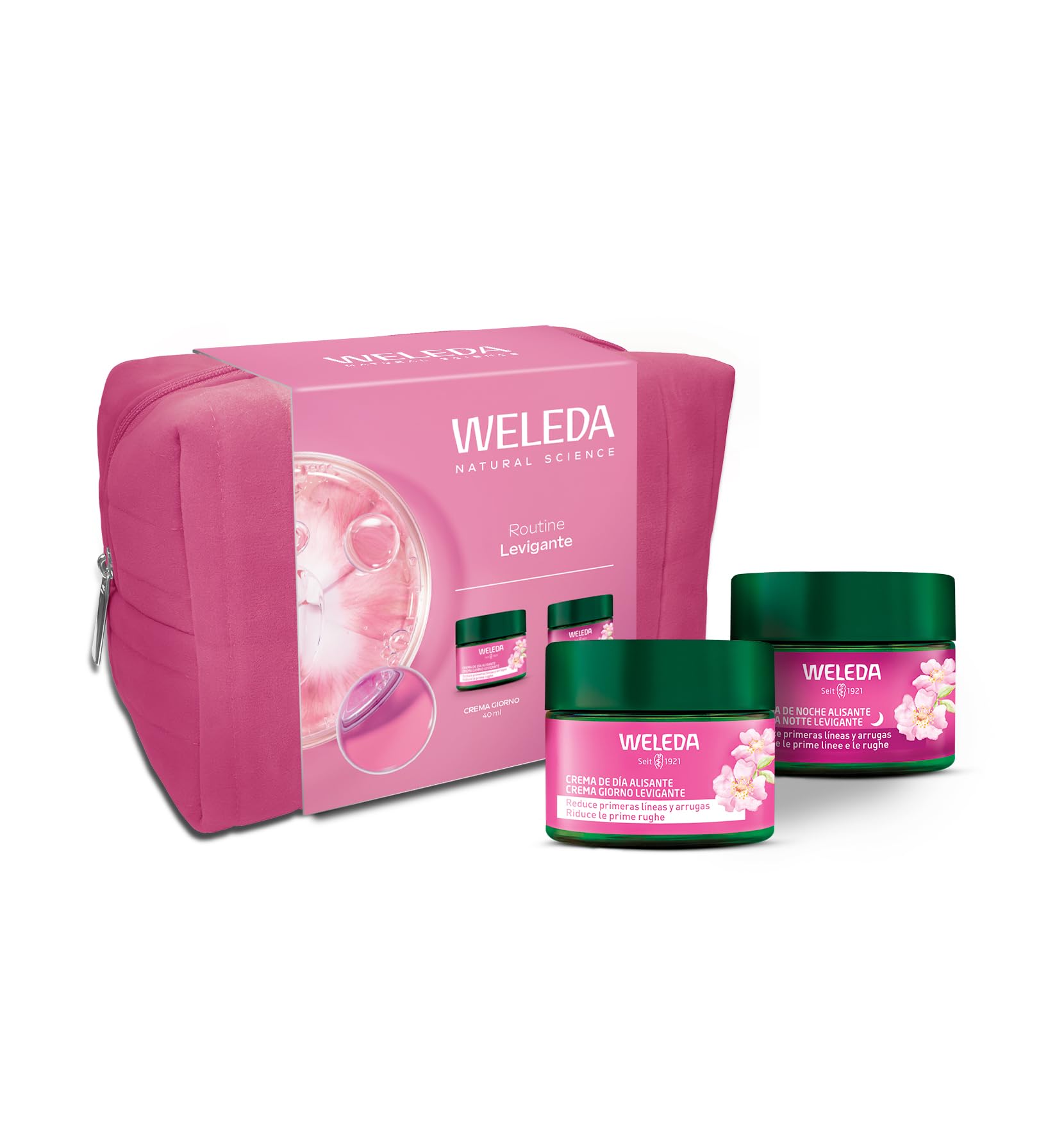 Weleda Kit Rituale viso Rosa Mosqueta, routine levigante per le prime rughe, con Crema Giorno e Crema Notte Rosa Mosqueta, idea regalo con pochette inclusa (2 creme x 40 ml)