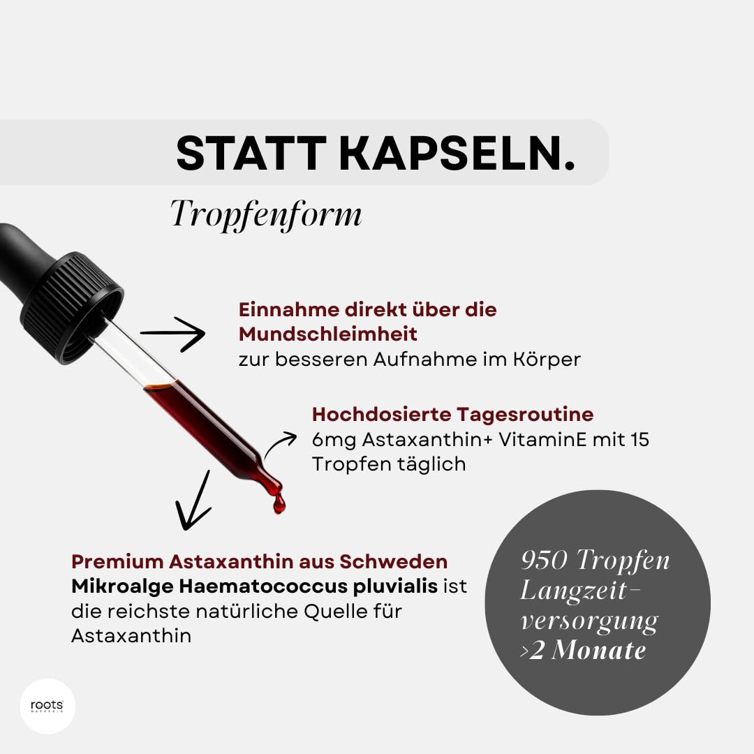 Astaxanthin Tropfen + Vitamin E I Antioxidans I, (30ml), 950 Tropfen für [2 Monate] - 6mg Astaxanthin, hochdosiert & vegan - höchste Bioverfügbarkeit - Laborgeprüft