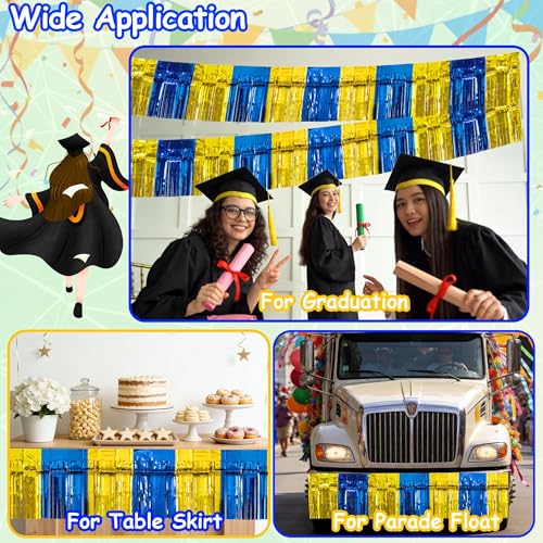 Image of 4 Pack 10 Feet Graduation Parade Floats Foil, Royal Blue Gold Fringe Garland Tinsel Streamers Banner Fringe Curtain Banner for Graduation Homecoming Birthday Party Decorations (Royal Blue, Gold)