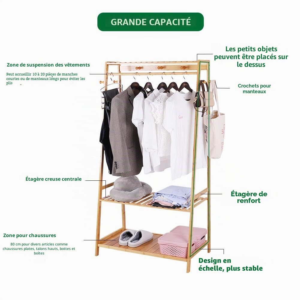 unho Portant À Vêtement Solide: Penderie Vêtement Armoire Rangement pour Vêtements et Penderies en Bambou Portique Vêtement et Range Chaussures pour Salon Chambre Dressing - 43.5x80x165cm