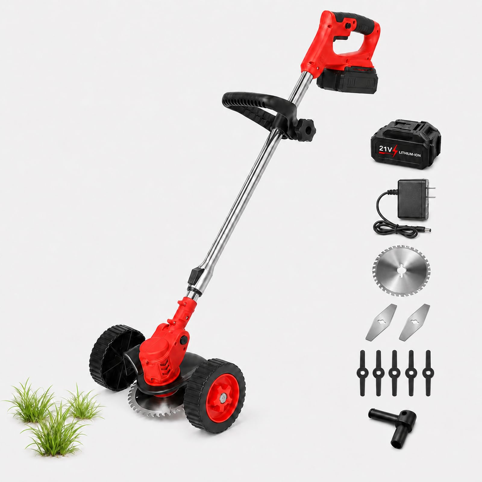 Desbrozadora a Batería con Disco de 15 cm y 3 Sistemas de Corte Red-5-CellBattery | Incluye un disco circular, dos cuchillas metálicas y cinco plásticas para diferentes tareas de mantenimiento
