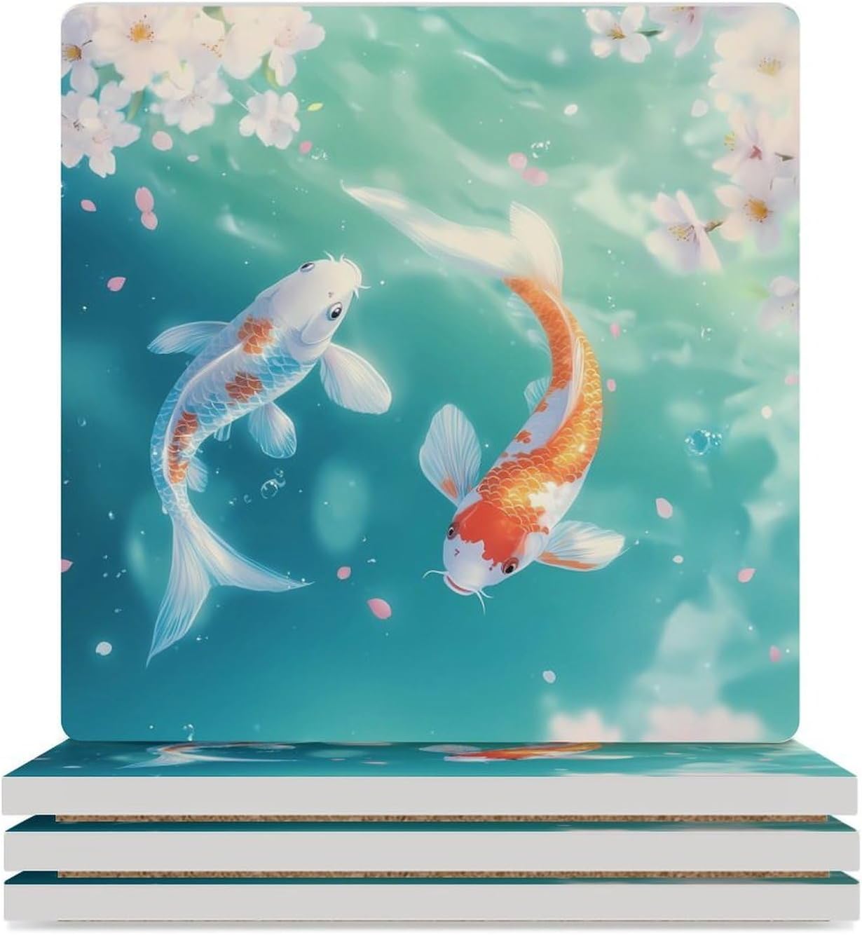 Japanese Fish Printed Ceramic Coasters Square Drinks Coaster Coffee Table Decor Table Coaster for Home Bar