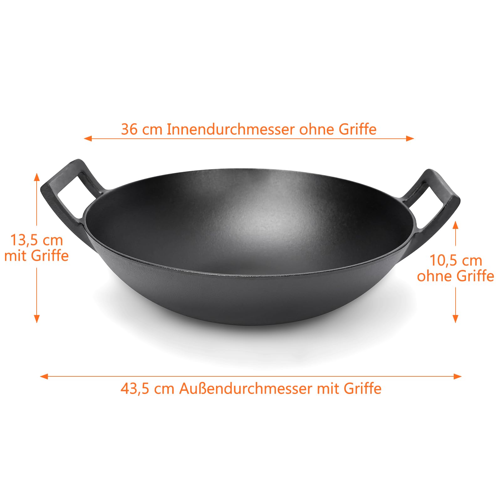 GFTIME Żeliwny wok Ø 36 cm, do grilla gazowego, do kuchenek indukcyjnych, ogniowych, żeliwnych patelni wok do Weber Spirit, Genesis Gourment, do grilla 57 cm