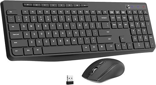 Combo de teclado y mouse inalámbricos, EarlyLit 2.4G ergonómico de tamaño completo, mouse y teclado USB inalámbricos, 12 teclas de acceso directo y