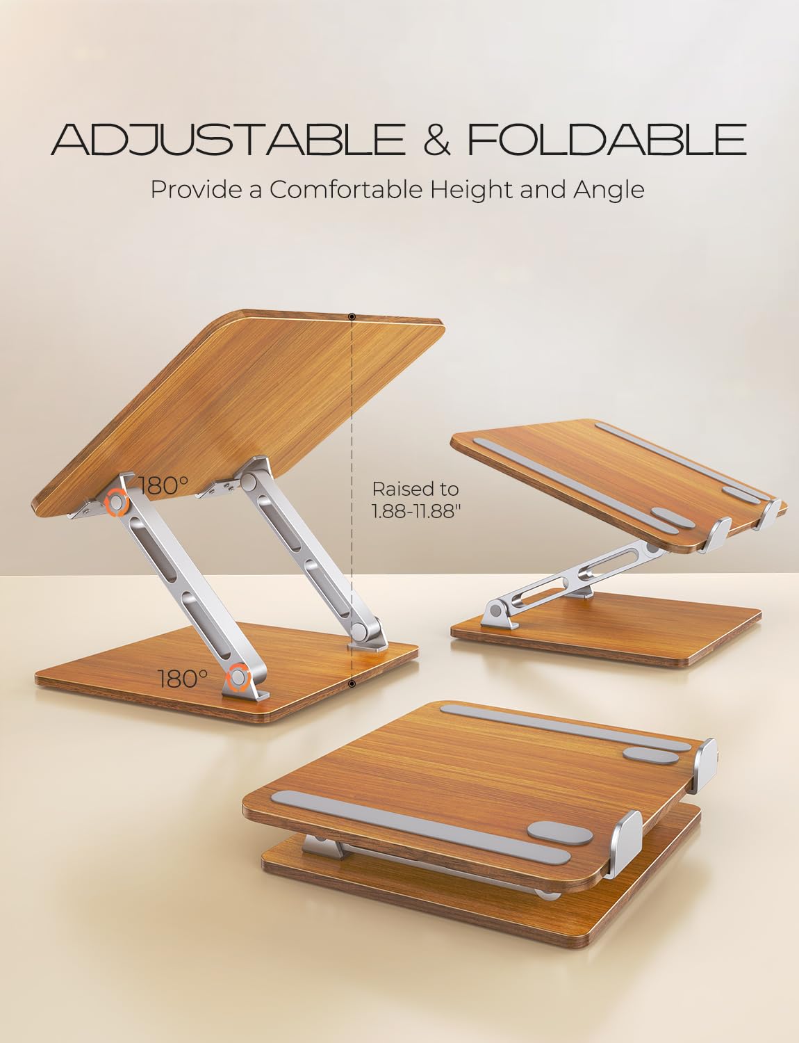 CIRYCASE Laptop Stand dla biurka, aluminium i drewno Ergonomiczny laptop Riser z regulowanym kątem, składany podwójny stojak dla komputera, kompatybilny wszystkie laptopy 10-16"