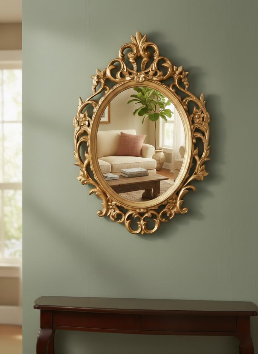 DEENZ Ornate Baroque Wall Hanging Mirror Oval Shaped Vintage Plastic Frame Elegant Addition Luxury Living Room Furniture Large Antique Home Decor Idea 69 X 48 X 3.5 Cm (GOLD)
