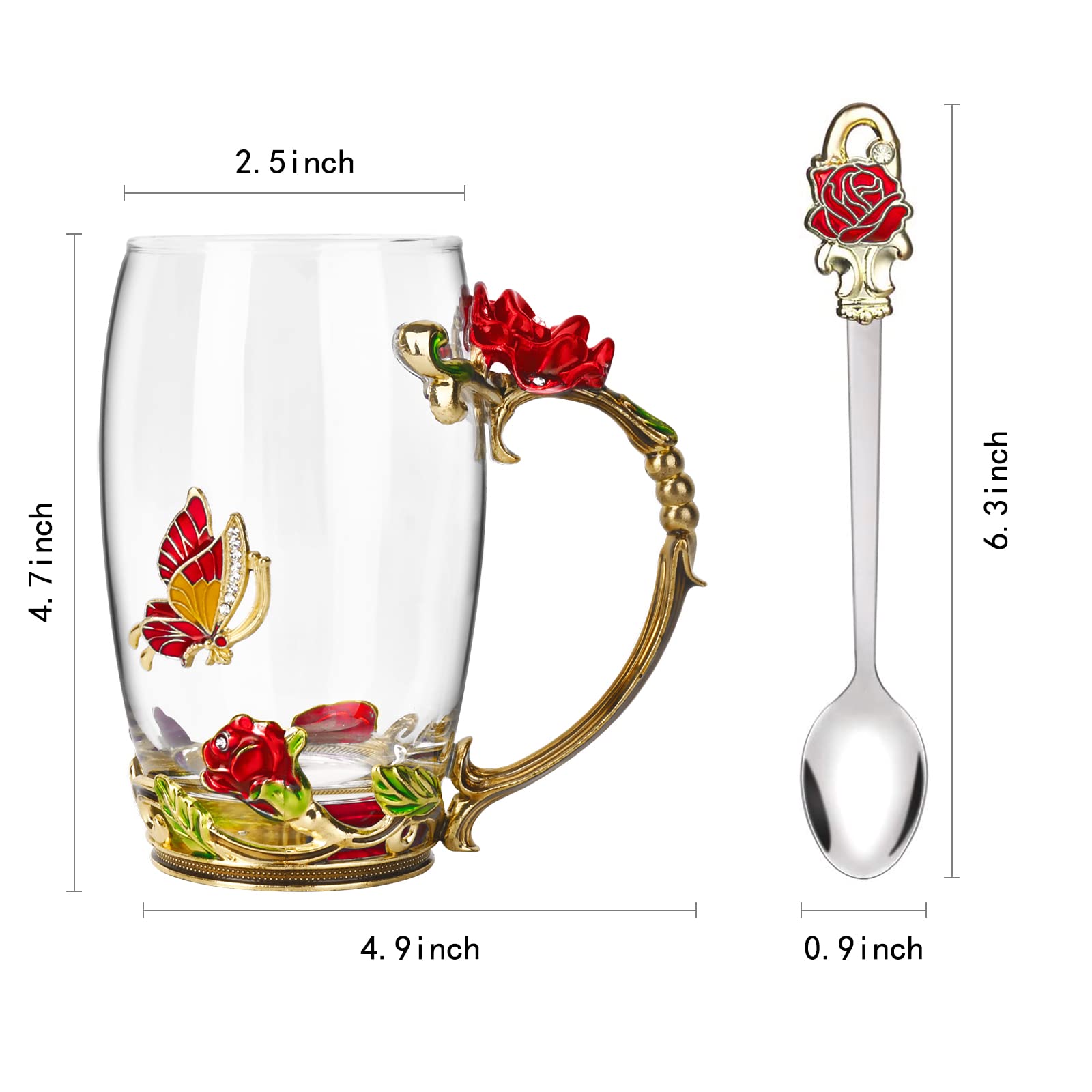 OEAGO Gifts for Women Mom Mothers Tea Cup Best Birthday Butterfly Rose Gifts for Her from Daughter Son Glass Coffee Christmas Enamels Mug Lead-Free with Spoon Set