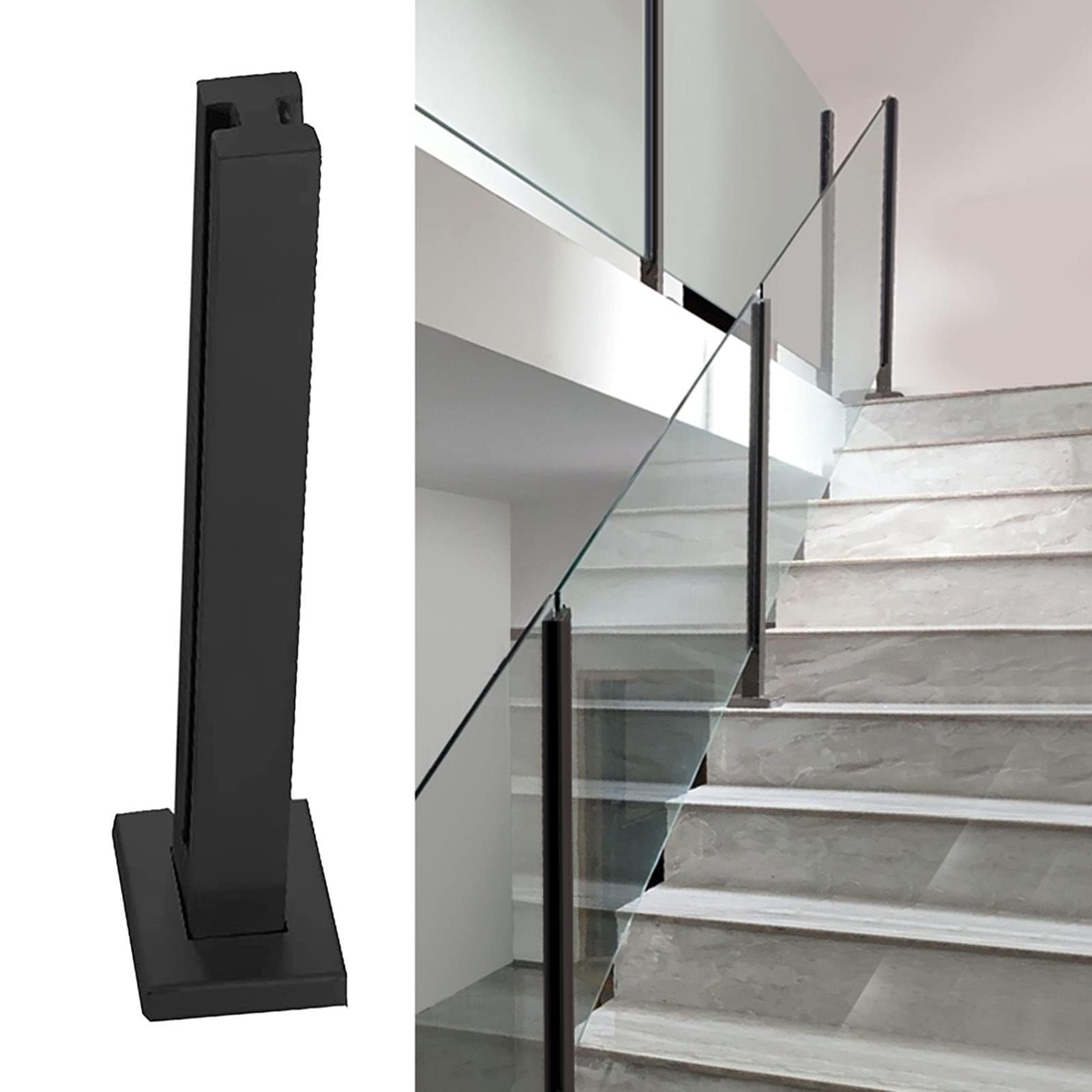 GJZNJYL Floor Standing Glass Railing Post, Black Balustrade Kit for 10mm/12mm Glass, 95cm/37.4in Height - Durable Staircase Guardrail Solution