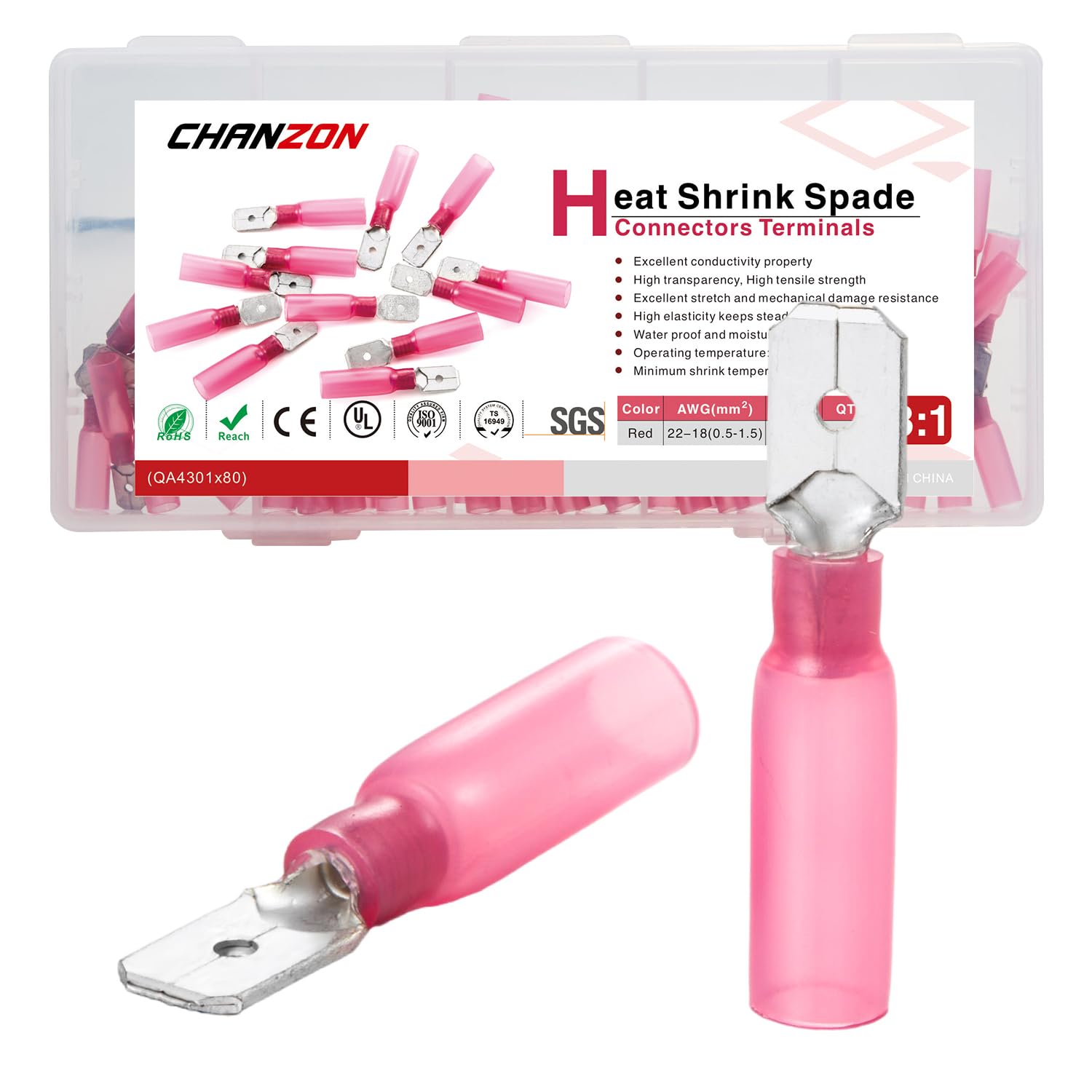Chanzon UL listed Heat Shrink Male Spade Wire Connectors 1/4" 22-16AWG Gauge Crimp Quick Disconnect Electrical Wiring Terminals 80pcs Red Waterproof