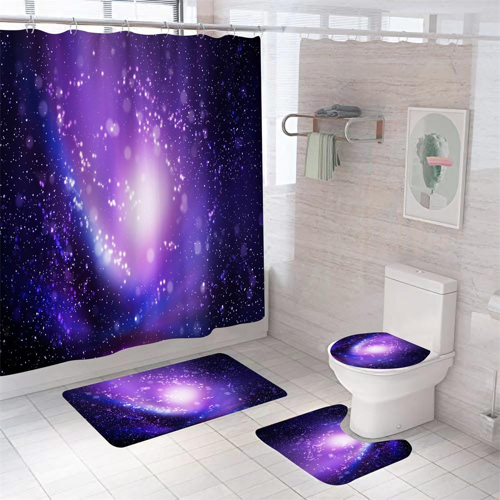Alfombra Baño Negro Púrpura Juego De 4 Alfombras De Baño Lavable,Alfombra Baño Secado Rapido - Alfombra De Baño*1+Tapa del Inodoro*1+ Alfombra*1 Tipo U+Cortinas De Baño180X180 45X75Cm