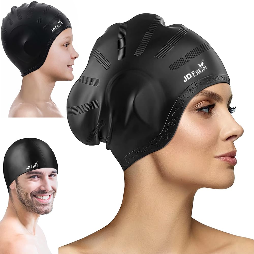 JD FRESH Silicone Swimming Cap for Men & Women/Unisex Swim Caps/Keeps Hair Clean and Ears Protected/Caps for Long/Braided/Thick Hairs/Swimming Cap(Black)