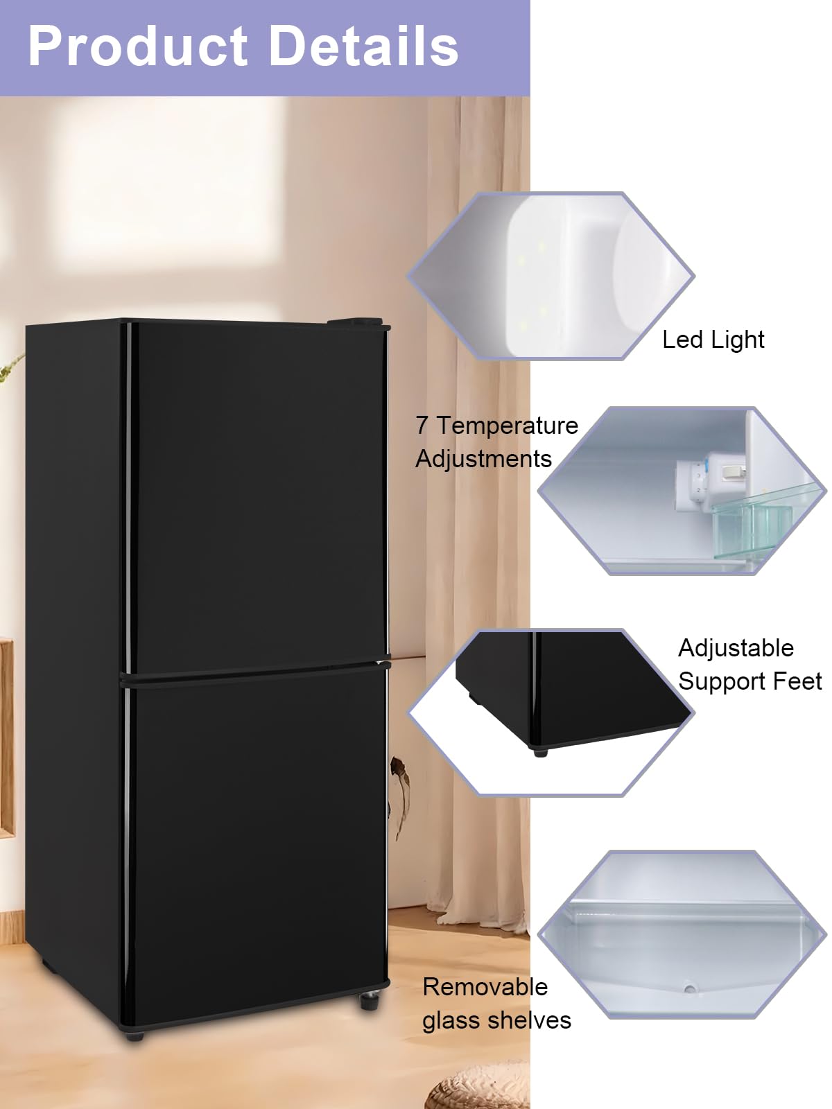 Krib Bling Refrigerator With Freezer 4.0 Cu.Ft With 7 Level Adjustable Thermostat Control 2 Door Energy Saving Bottom Freezer Compact Refrigerator Black on Fridge.com - View 5