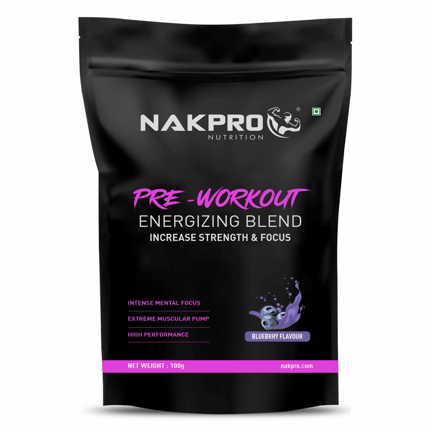 Nakpro Pre Workout Supplement (Blueberry, 100g Powder) with 100mg Caffeine, 1200mg Creatine