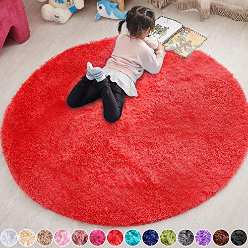PAGISOFE Red Round Rug Circle Rugs 4x4, Ultra Soft Children Rug for Boys Bedroom Fluffy Carpets and Shaggy Rugs Small Teepee Furry Mat Comfy Reading Rug Circular Rug 4x4 Rugs