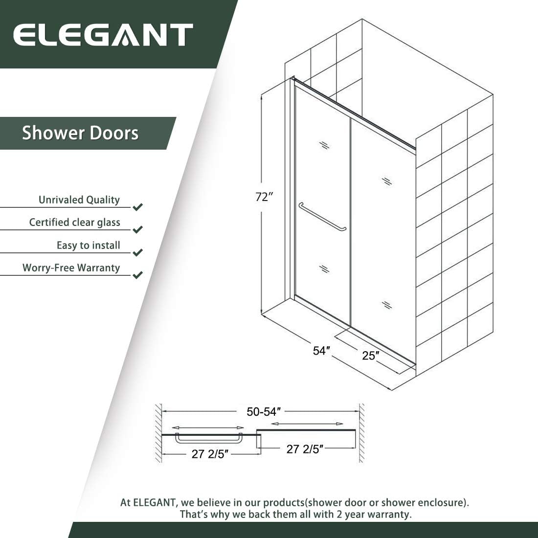 Tор Rаtеd ELEGANT Showers 52.5-54 W x 72 H, Semi-Frameless 2 Bypass Sliding Shower Doors, 1/4 Clear Glass, Brushed Nickel Finish Uр Tо 40% оƒƒ ELEGANT Showers 52.5-54 W x 72 H, Semi-Frameless 2 Bypass Sliding Shower Doors, 1/4 Clear Glass, Brushed Nickel Finish