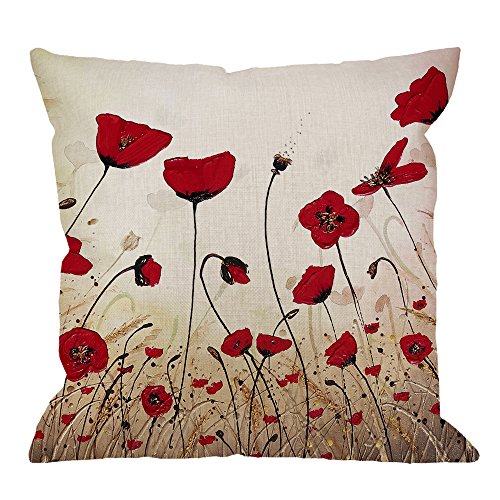 Hgod Designs Beautiful Flower Poppy Pillow Case,Red Flower Cotton Linen Cushion Cover Square Standard Home Decorative For Men/Women 18X18 Inch Red Brown #TOP14